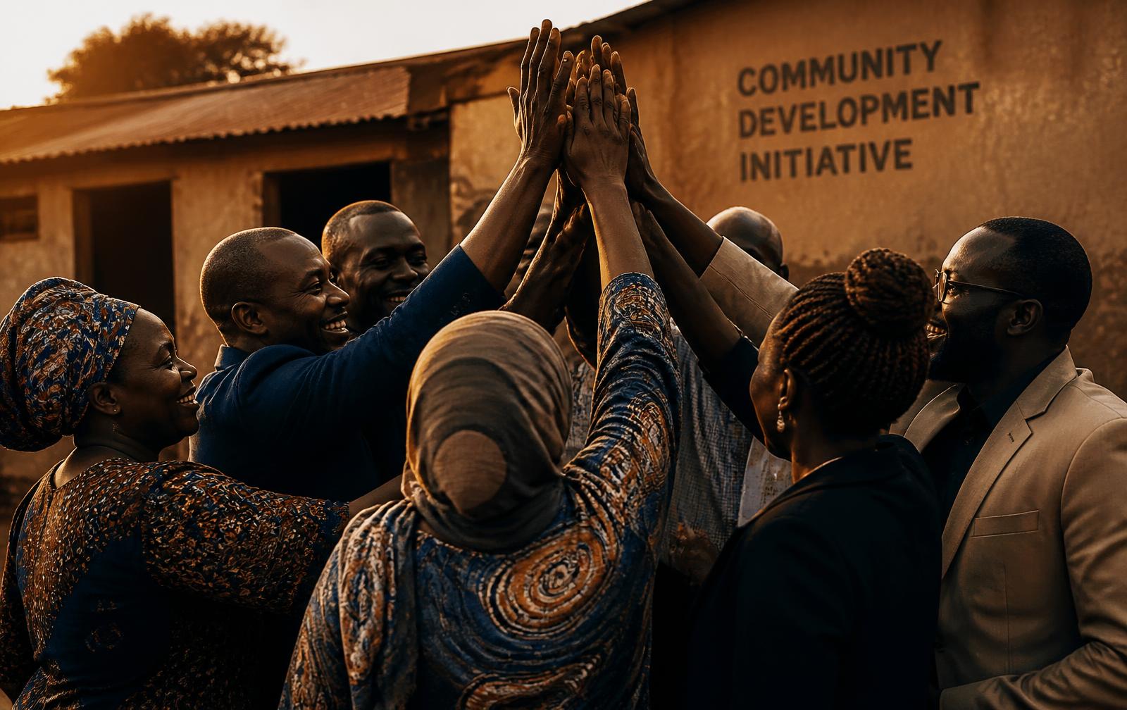 African community organisation leaders gathered together, sharing and collaborating at golden hour