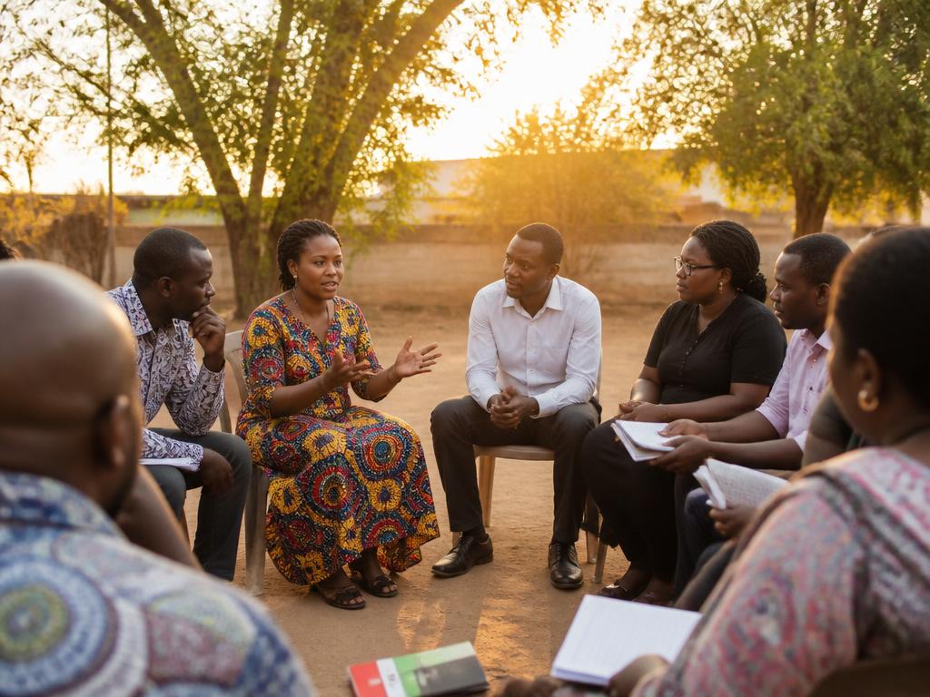African community leaders gathered in a circle, sharing and collaborating